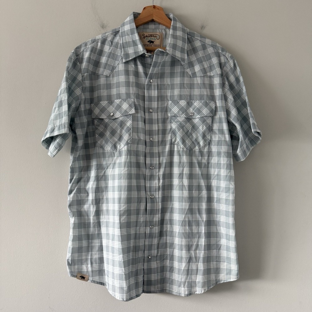 Western Aloha Pearl Snap Shirt Mens XL Gray Plaid Big Island Hawaii Rodeo Cowboy